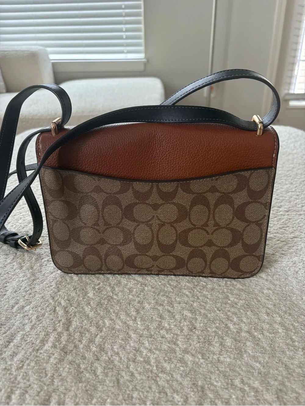 Coach Tan and Brown Signature Shoulder Bag with Black Strap